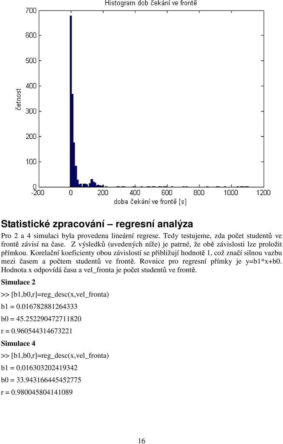 Korelační koeficienty obou závislostí se přibližují hodnotě 1, což značí silnou vazbu mezi časem a počtem studentů ve frontě. Rovnice pro regresní přímky je y=b1*x+b0.