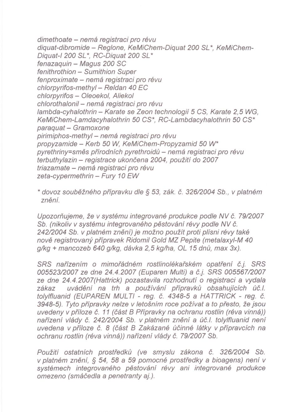 CS, Karate 2,5 WG, KeMiChem-Lamdacyhalothrin 50 CS*, RC-Lambdacyhalothrin 50 CS* paraquat - Gramoxone pirimiphos-methyl- nemá registraci pro révu propyzamide - Kerb 50 ~ KeMiChem-Propyzamid 50 W*