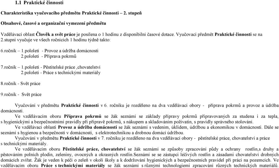 stupni vyučuje ve všech ročnících 1 hodinu týdně takto: 6.ročník 1.pololetí - Provoz a údržba domácnosti 2.pololetí - Příprava pokrmů 7.ročník 1.pololetí - Pěstitelské práce,chovatelství 2.