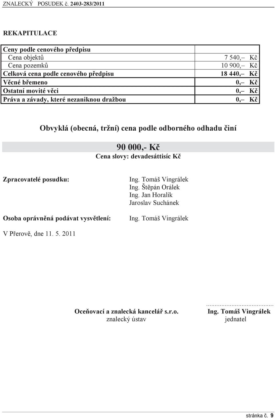 Cena slovy: devadesáttisíc Kč Zpracovatelé posudku: Osoba oprávněná podávat vysvětlení: Ing. Tomáš Vingrálek Ing. Štěpán Orálek Ing.