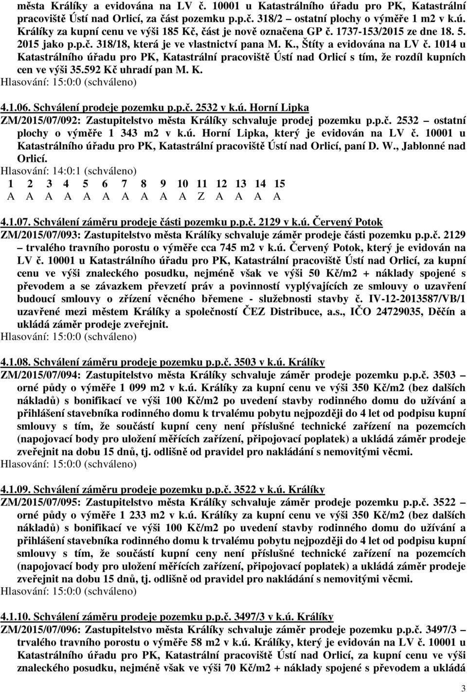 1014 u Katastrálního úřadu pro PK, Katastrální pracoviště Ústí nad Orlicí s tím, že rozdíl kupních cen ve výši 35.592 Kč uhradí pan M. K. 4.1.06. Schválení prodeje pozemku p.p.č. 2532 v k.ú. Horní Lipka ZM/2015/07/092: Zastupitelstvo města Králíky schvaluje prodej pozemku p.