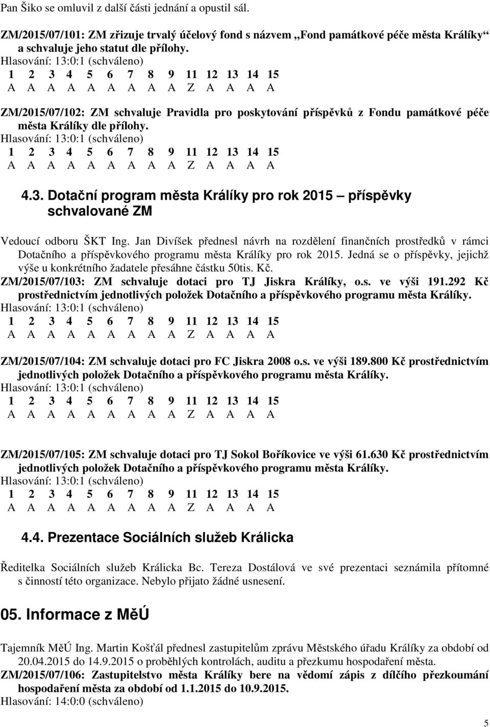 Dotační program města Králíky pro rok 2015 příspěvky schvalované ZM Vedoucí odboru ŠKT Ing.