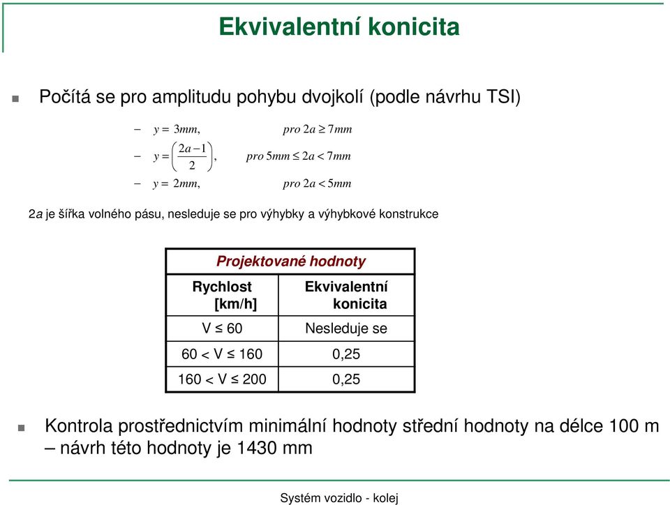 konstrukce Projektované hodnoty Rychlost [km/h] V 60 Ekvivalentní konicita Nesleduje se 60 < V 160 0,25 160