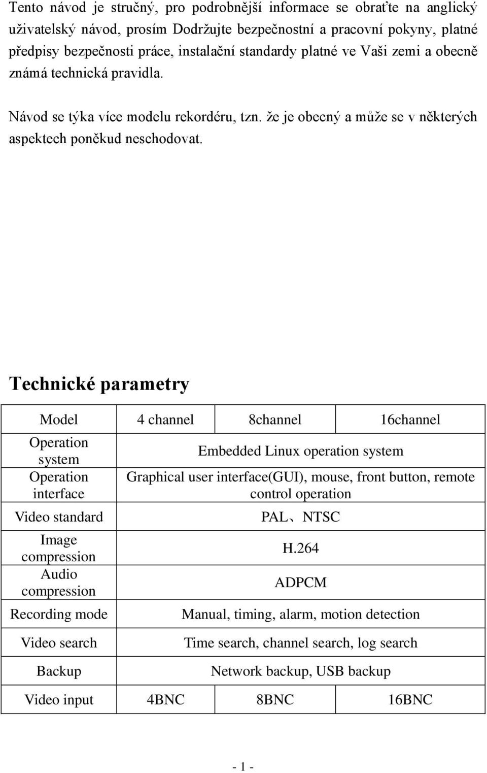 Technické parametry Model 4 channel 8channel 16channel Operation system Operation interface Video standard Image compression Audio compression Recording mode Embedded Linux operation system Graphical