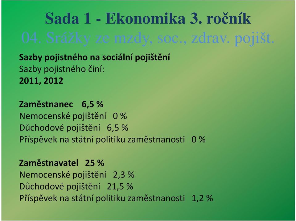 Příspěvek na státní politiku zaměstnanosti 0 % Zaměstnavatel 25 % Nemocenské