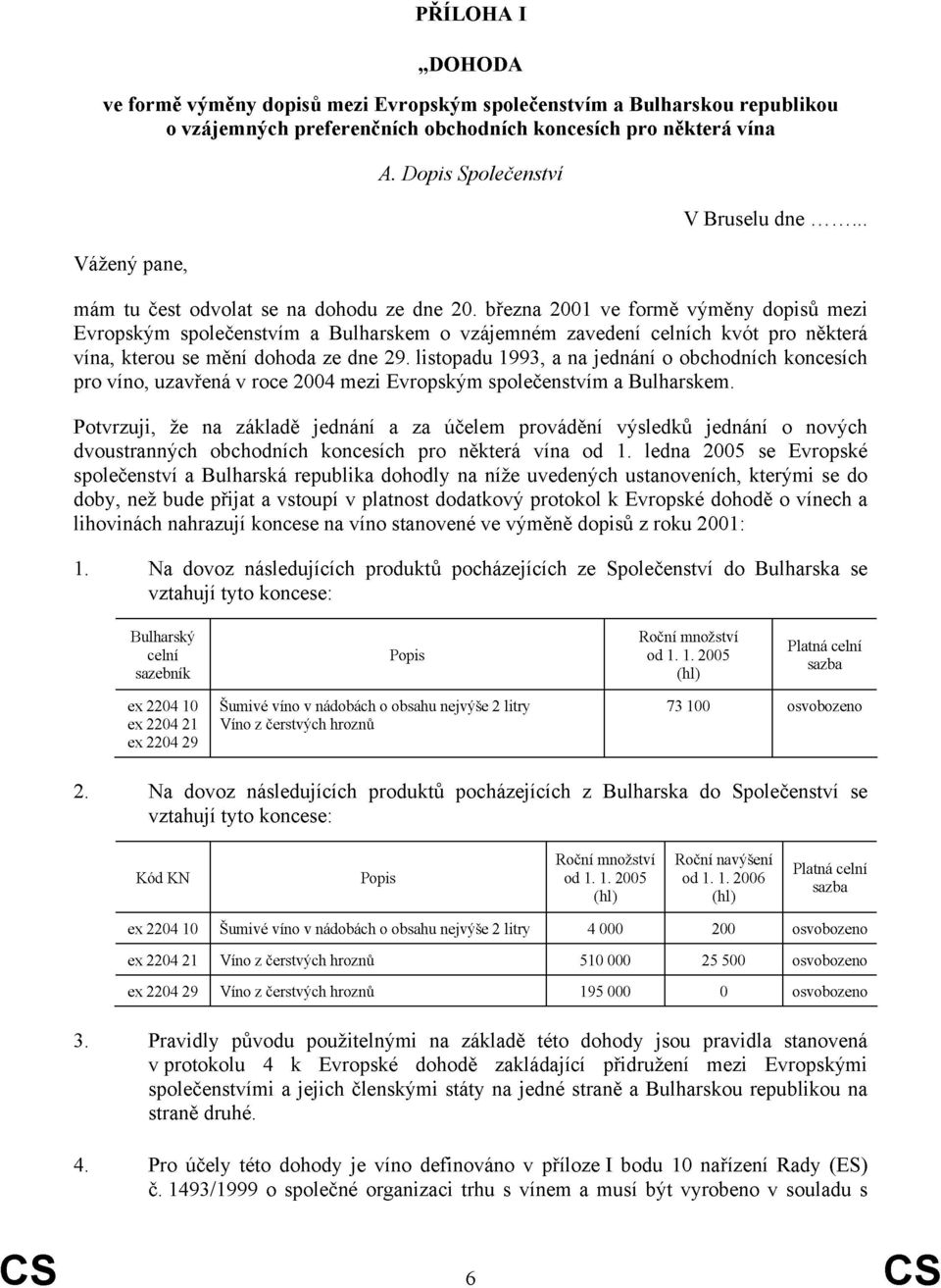 března 2001 ve formě výměny dopisů mezi Evropským společenstvím a Bulharskem o vzájemném zavedení celních kvót pro některá vína, kterou se mění dohoda ze dne 29.