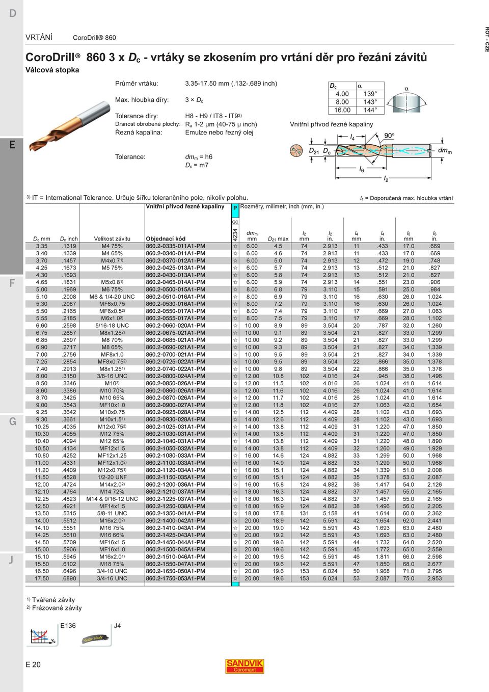 00 144 Drsnost obrobené plochy: R a 1-2 μm (40-75 μ inch) Vnitřní přívod řezné kapaliny Řezná kapalina: mulze nebo řezný olej Tolerance: dm m = h6 D c = m7 ROT - CZ 3) IT = International Tolerance.