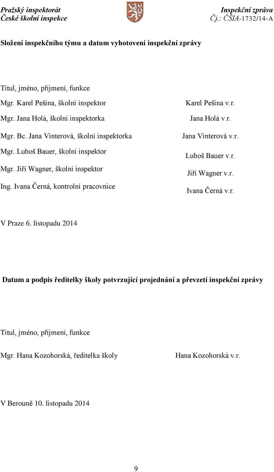 Ivana Černá, kontrolní pracovnice Karel Pešina v.r. Jana Holá v.r. Jana Vinterová v.r. Luboš Bauer v.r. Jiří Wagner v.r. Ivana Černá v.r. V Praze 6.