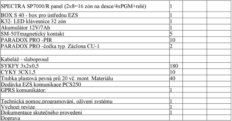 Záclona CU-1 2 Kabeláž - slaboproud SYKFY 3x2x0,5 180 CYKY 3CX1,5 10 Trubka plastová pevná prů 20 vč. mont.