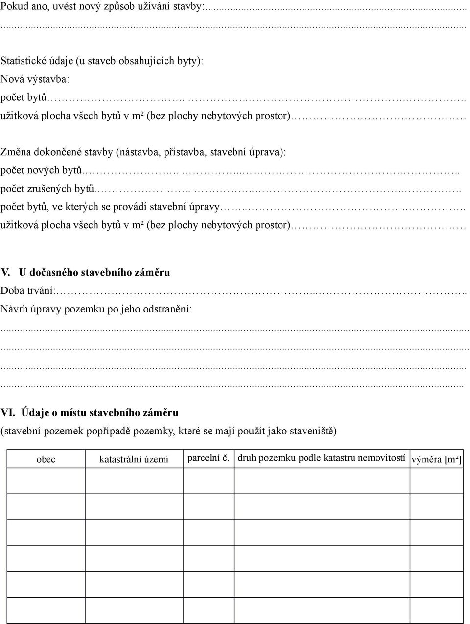 ....... počet bytů, ve kterých se provádí stavební úpravy..... užitková plocha všech bytů v m² (bez plochy nebytových prostor) V. U dočasného stavebního záměru Doba trvání:.