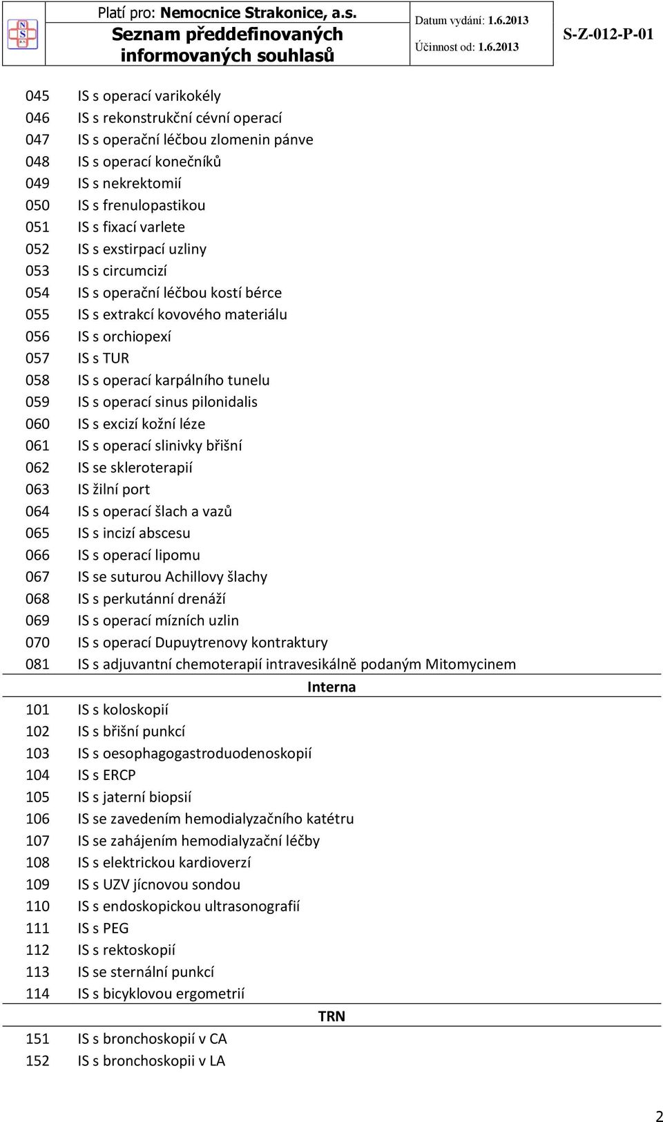 059 IS s operací sinus pilonidalis 060 IS s excizí kožní léze 061 IS s operací slinivky břišní 062 IS se skleroterapií 063 IS žilní port 064 IS s operací šlach a vazů 065 IS s incizí abscesu 066 IS s