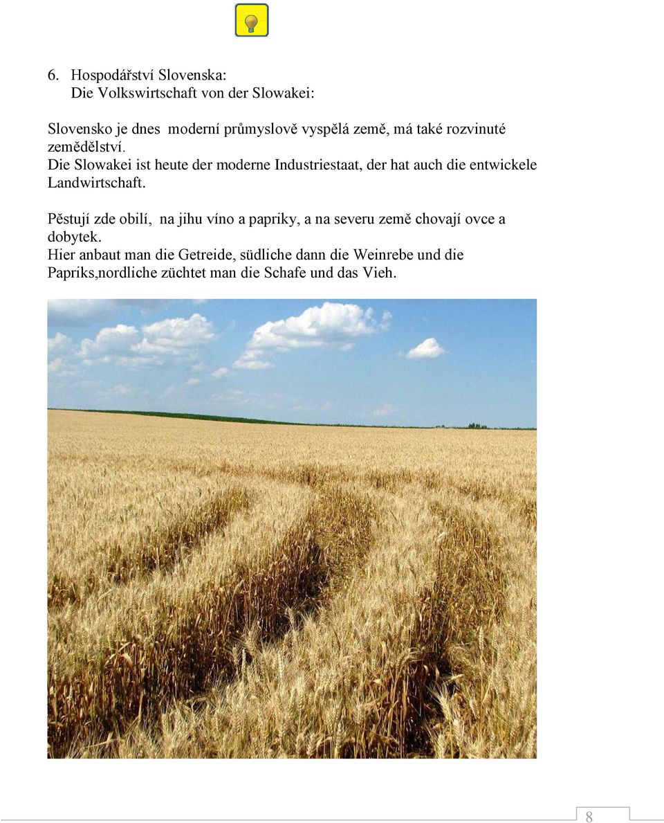 Die Slowakei ist heute der moderne Industriestaat, der hat auch die entwickele Landwirtschaft.