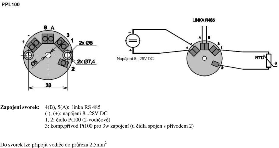 ..28V DC 1, 2: čidlo Pt100 (2-vodičově) 3: komp.