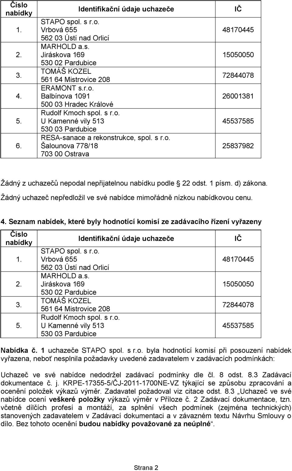 1 písm. d) zákona. Ţádný uchazeč nepředloţil ve své nabídce mimořádně nízkou nabídkovou cenu. 4. Seznam nabídek, které byly hodnotící komisí ze zadávacího řízení vyřazeny Číslo 3. 5. STAPO spol. s r.