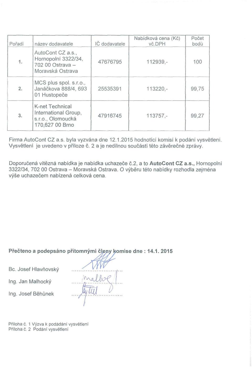 2 a je nedílnou součástí této závěrečné zprávy. Doporučená vítězná nabídka je nabídka uchazeče č.2, a to AutoCont CZ a.s., Hornopolní 3322/34, 702 00 Ostrava - Moravská Ostrava.