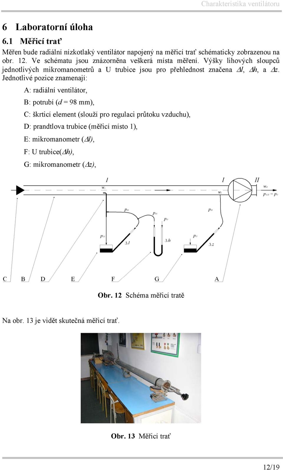 Jednotlivé pozice znamenají: A: radiální ventilátor, B: potrubí (d = 98 mm), C: škrticí element (slouží pro regulaci průtoku vzduchu), D: prandtlova