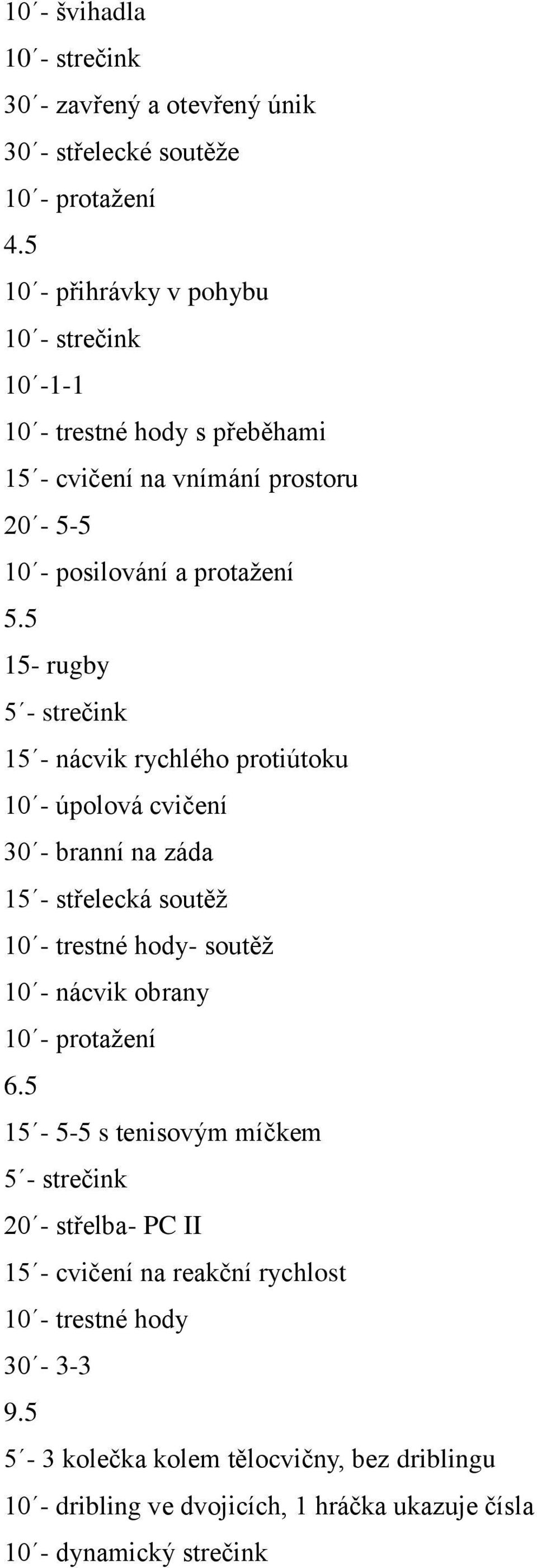 5 15- rugby 15 - nácvik rychlého protiútoku 10 - úpolová cvičení 30 - branní na záda 15 - střelecká soutěž 10 - trestné hody- soutěž 10 - nácvik obrany