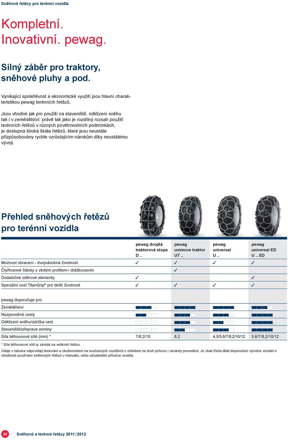 škála řetězů, které jsou neustále přizpůsobovány rychle vzrůstajícím nárokům díky neustálému vývoji. Přehled sněhových řetězů pro dvojitá traktorová stopa D.. unimove traktor UT.. universal U.