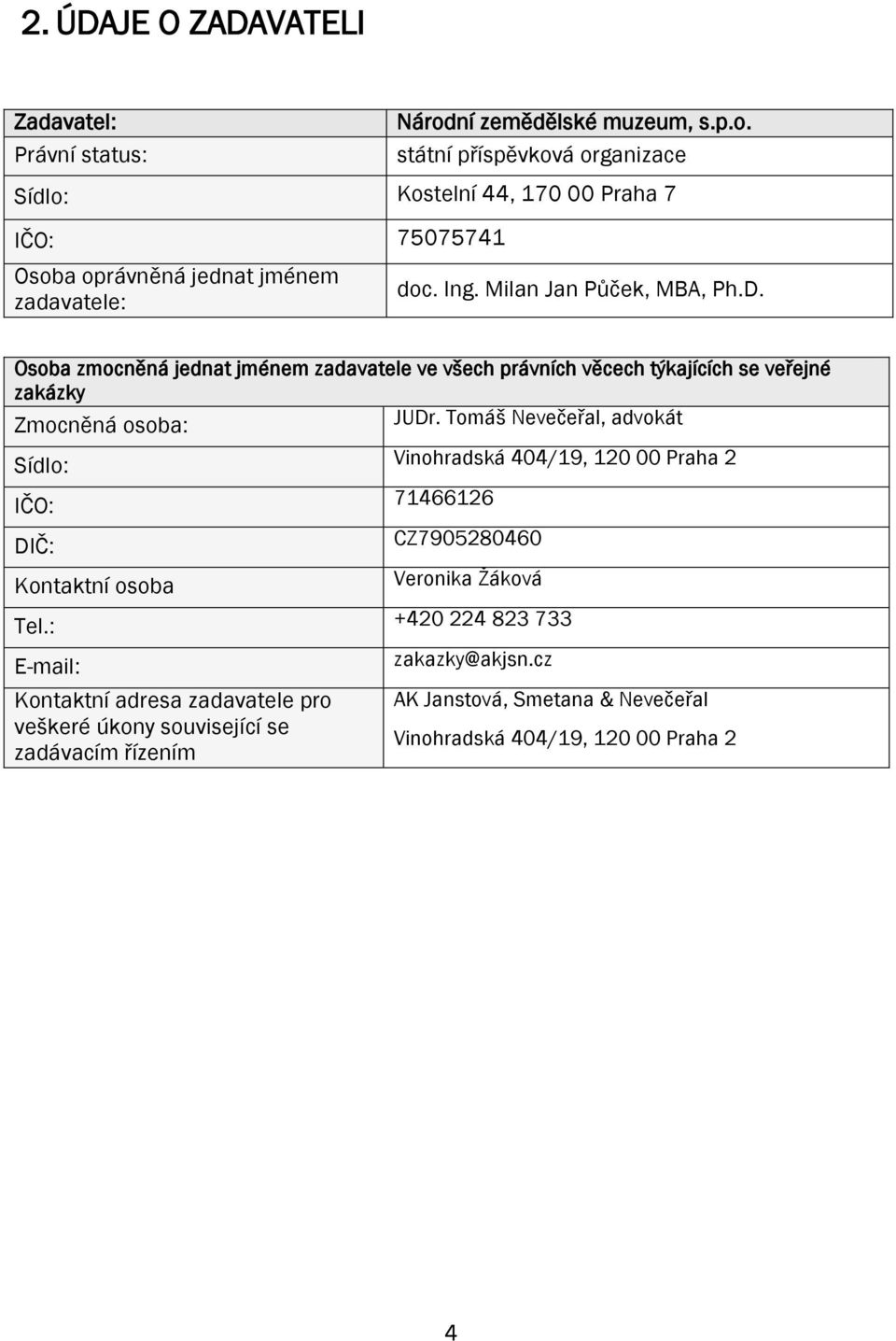 Milan Jan Půček, MBA, Ph.D. Osoba zmocněná jednat jménem zadavatele ve všech právních věcech týkajících se veřejné zakázky Zmocněná osoba: JUDr.