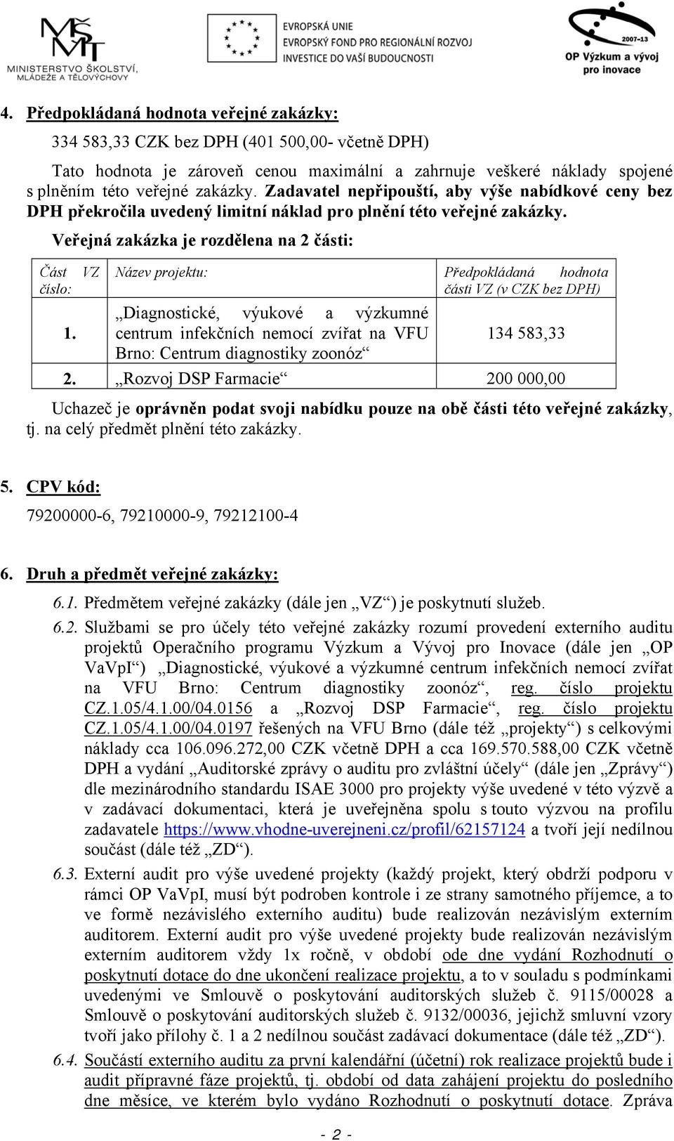 VZ Název projektu: Předpokládaná hodnota části VZ (v CZK bez DPH) Diagnostické, výukové a výzkumné centrum infekčních nemocí zvířat na VFU 134 583,33 Brno: Centrum diagnostiky zoonóz 2.