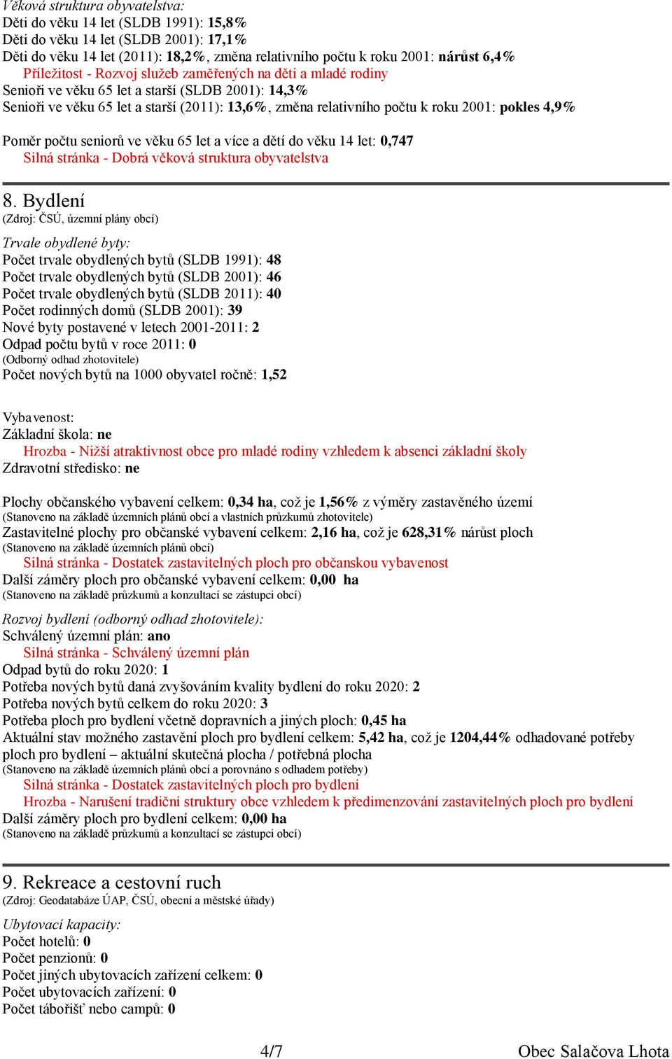 pokles 4,9% Poměr počtu seniorů ve věku 65 let a více a dětí do věku 14 let: 0,747 Silná stránka - Dobrá věková struktura obyvatelstva 8.