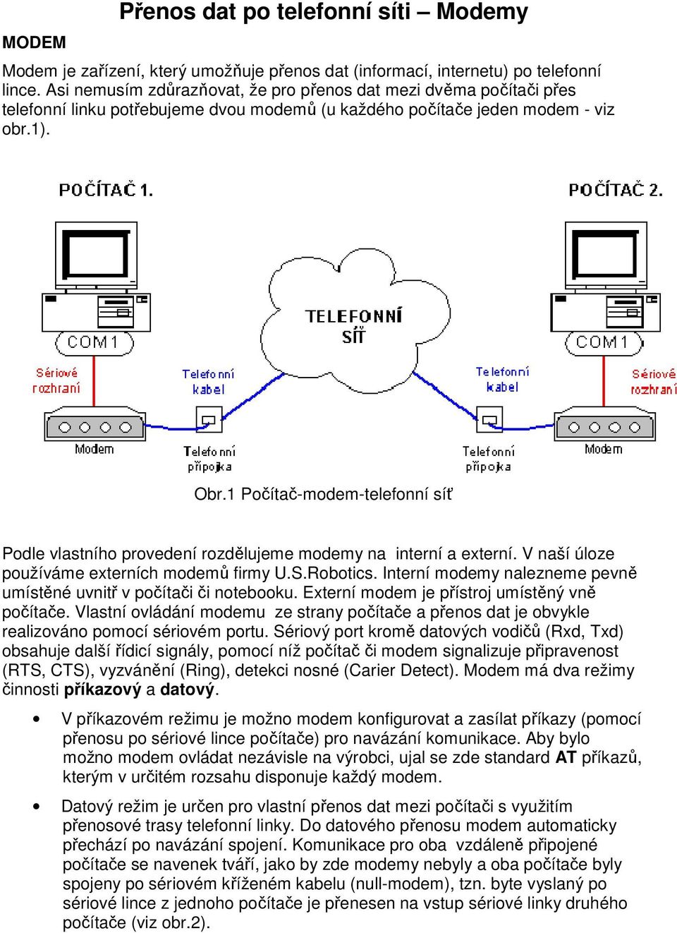 1 Počítač-modem-telefonní síť Podle vlastního provedení rozdělujeme modemy na interní a externí. V naší úloze používáme externích modemů firmy U.S.Robotics.