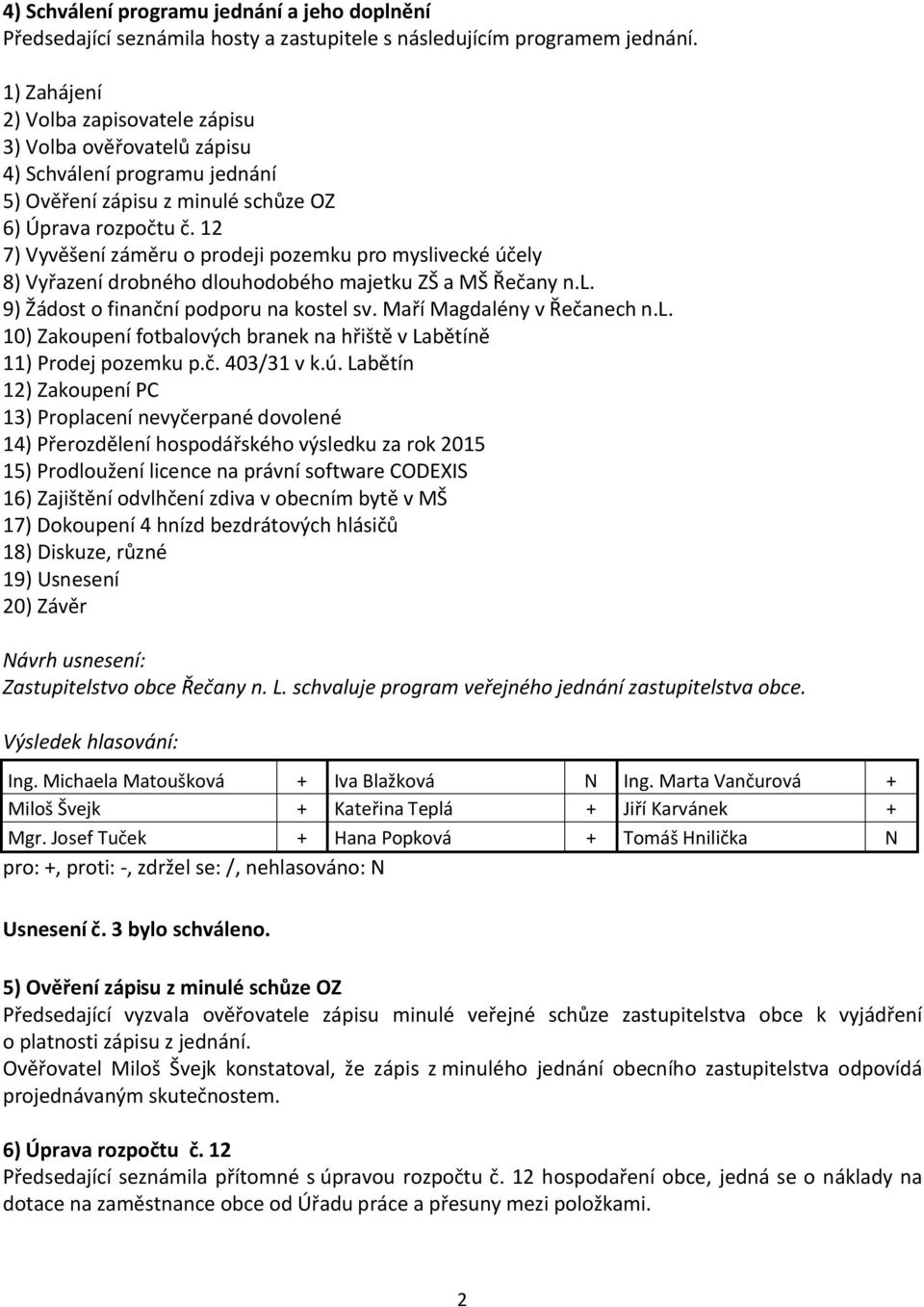 12 7) Vyvěšení záměru o prodeji pozemku pro myslivecké účely 8) Vyřazení drobného dlouhodobého majetku ZŠ a MŠ Řečany n.l. 9) Žádost o finanční podporu na kostel sv. Maří Magdalény v Řečanech n.l. 10) Zakoupení fotbalových branek na hřiště v Labětíně 11) Prodej pozemku p.