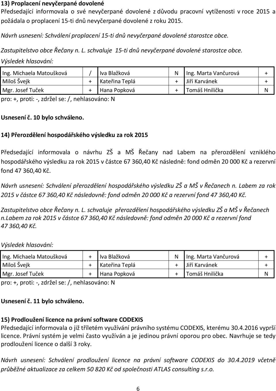 Michaela Matoušková / Iva Blažková N Ing. Marta Vančurová + Usnesení č. 10 bylo schváleno.