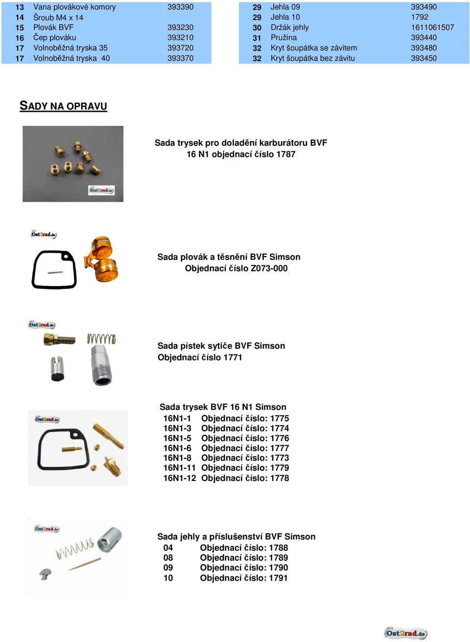 plovák a těsnění BVF Simson Objednací číslo Z073-000 Sada pístek sytiče BVF Simson Objednací číslo 1771 Sada trysek BVF 16 N1 Simson 16N1-1 Objednací číslo: 1775 16N1-3 Objednací číslo: 1774 16N1-5