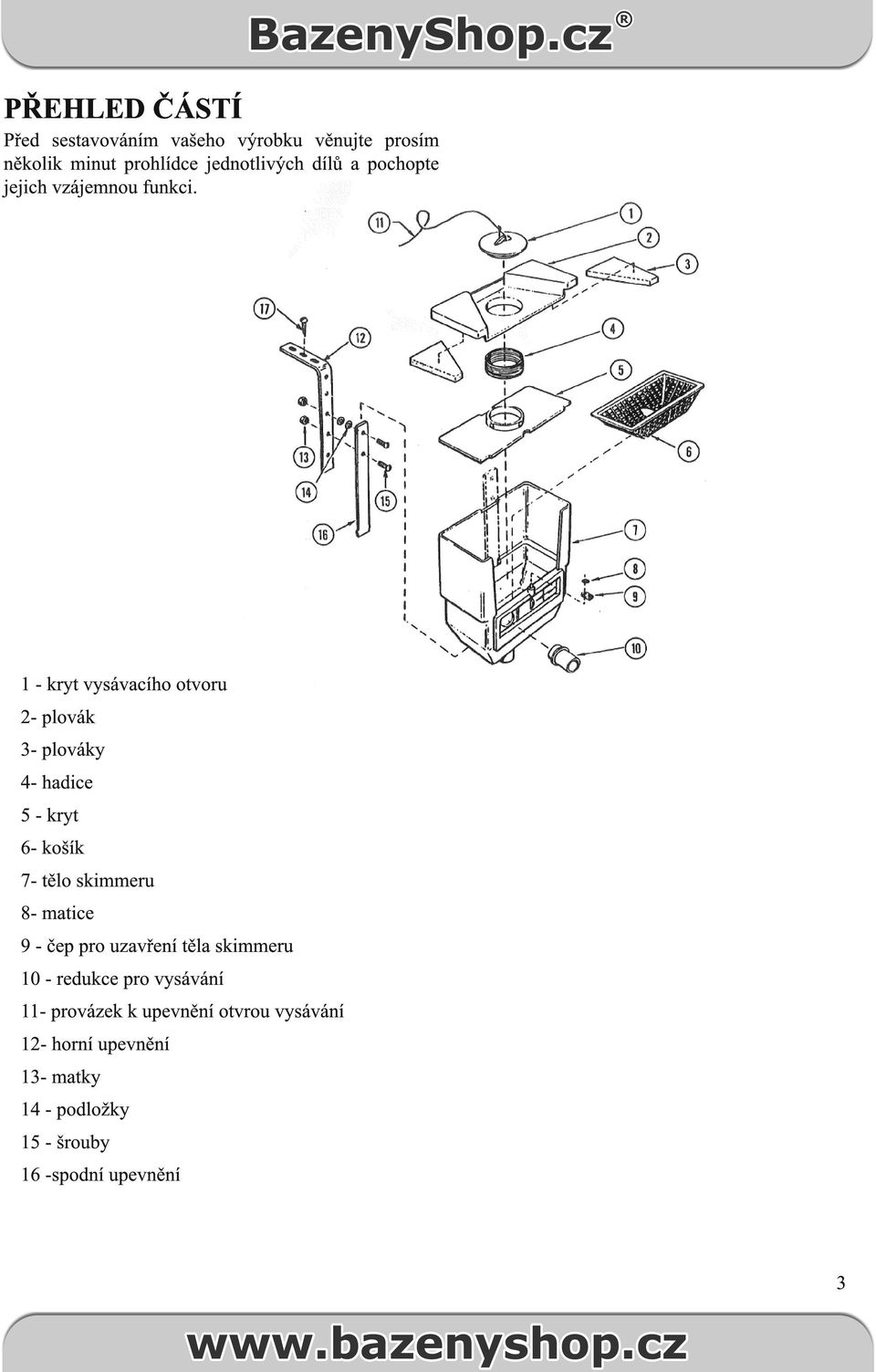 1 - kryt vysávacího otvoru 2- plovák 3- plováky 4- hadice 5 - kryt 6- košík 7- tělo skimmeru 8- matice 9