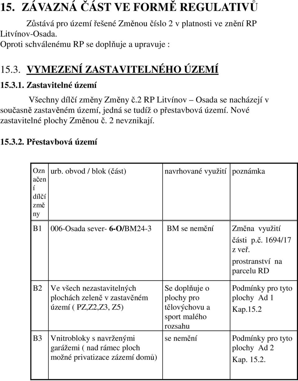 Nové zastavitelné plochy Změnou č. 2 nevznikají. 15.3.2. Přestavbová území Ozn ačen í dílčí změ ny urb.