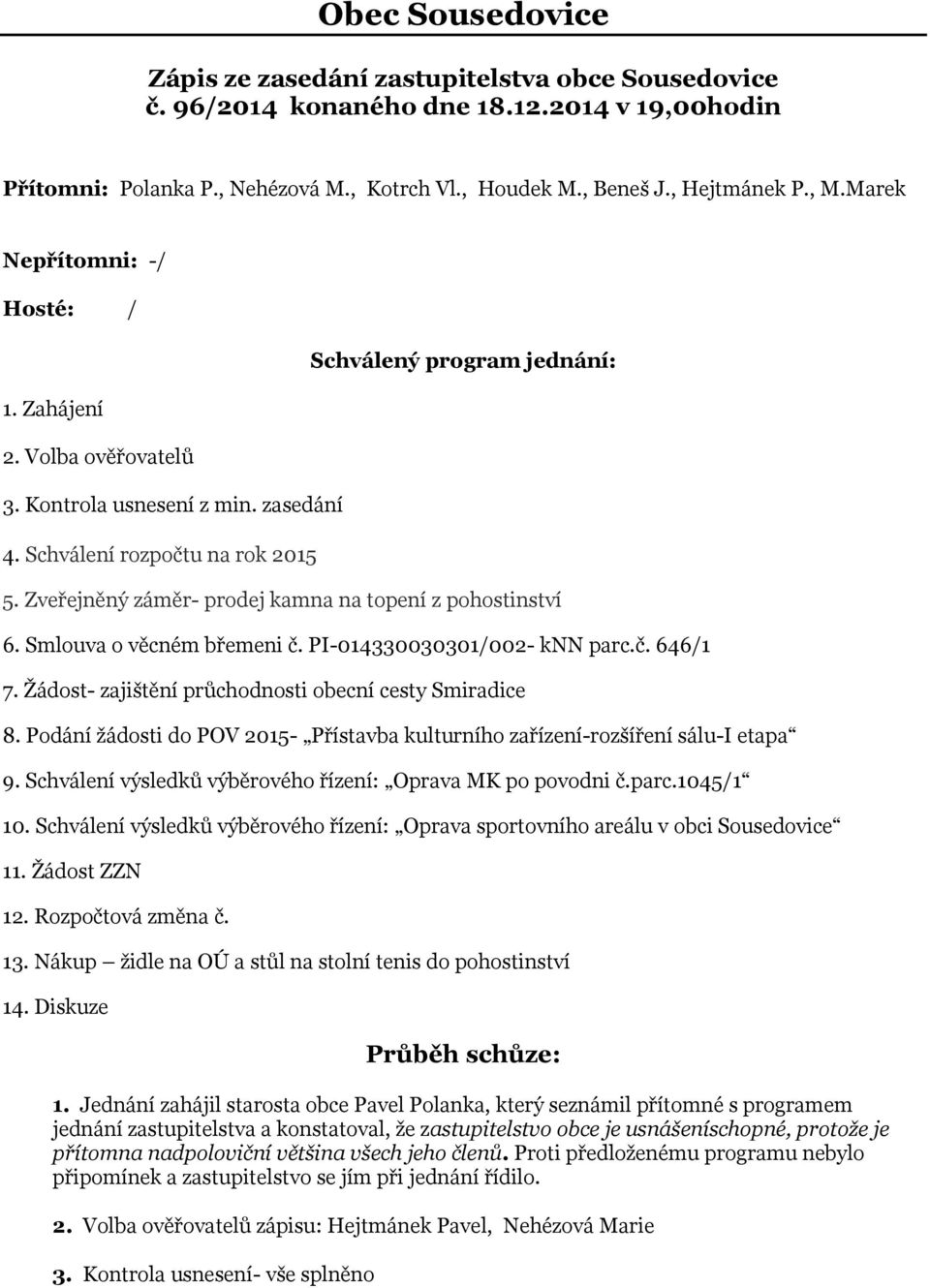 Zveřejněný záměr- prodej kamna na topení z pohostinství 6. Smlouva o věcném břemeni č. PI-014330030301/002- knn parc.č. 646/1 7. Žádost- zajištění průchodnosti obecní cesty Smiradice 8.