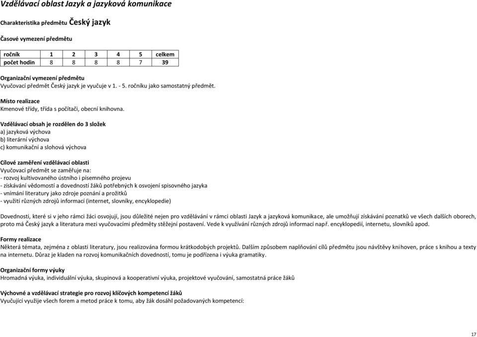 Vzdělávací obsah je rozdělen do 3 složek a) jazyková výchova b) literární výchova c) komunikační a slohová výchova Cílové zaměření vzdělávací oblasti Vyučovací předmět se zaměřuje na: - rozvoj