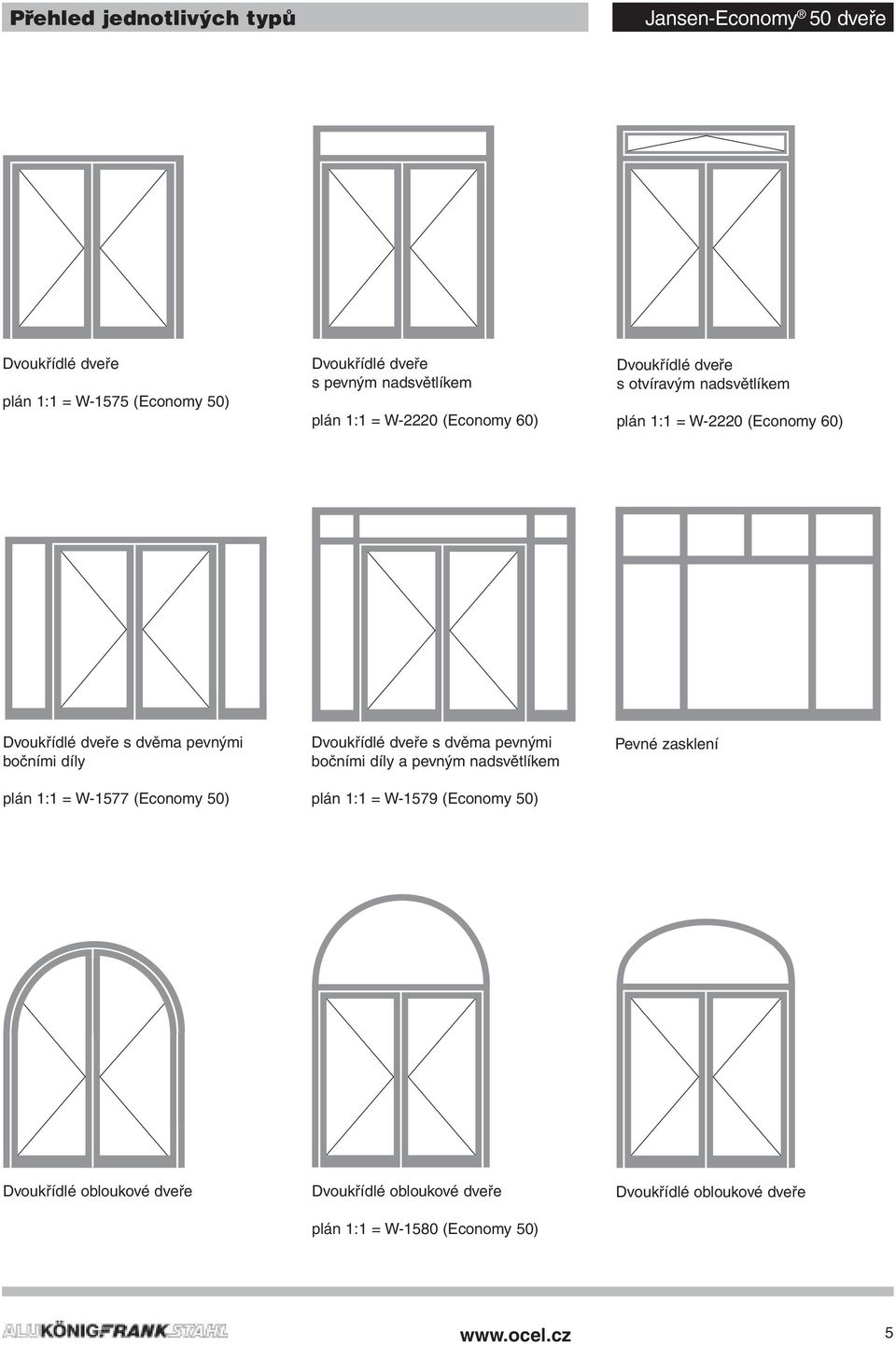 bočními díly plán 1:1 = W-1577 (Economy ) Dvoukřídlé dveře s dvěma pevnými bočními díly a pevným nadsvětlíkem plán 1:1 = W-1579