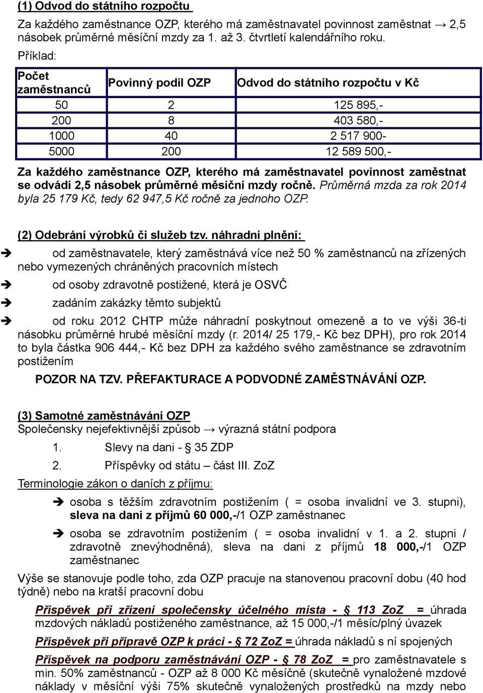 zaměstnavatel povinnost zaměstnat se odvádí 2,5 násobek průměrné měsíční mzdy ročně. Průměrná mzda za rok 2014 byla 25 179 Kč, tedy 62 947,5 Kč ročně za jednoho OZP.