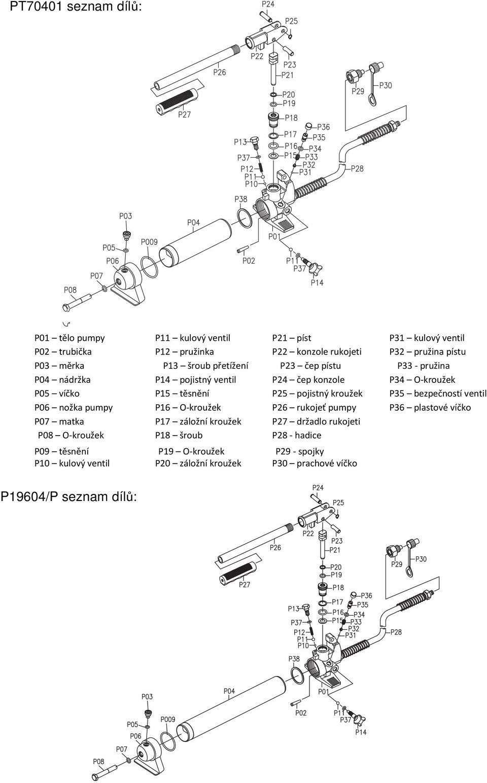 kroužek P35 bezpečností ventil P06 nožka pumpy P16 O-kroužek P26 rukojeť pumpy P36 plastové víčko P07 matka P17 záložní kroužek P27 držadlo