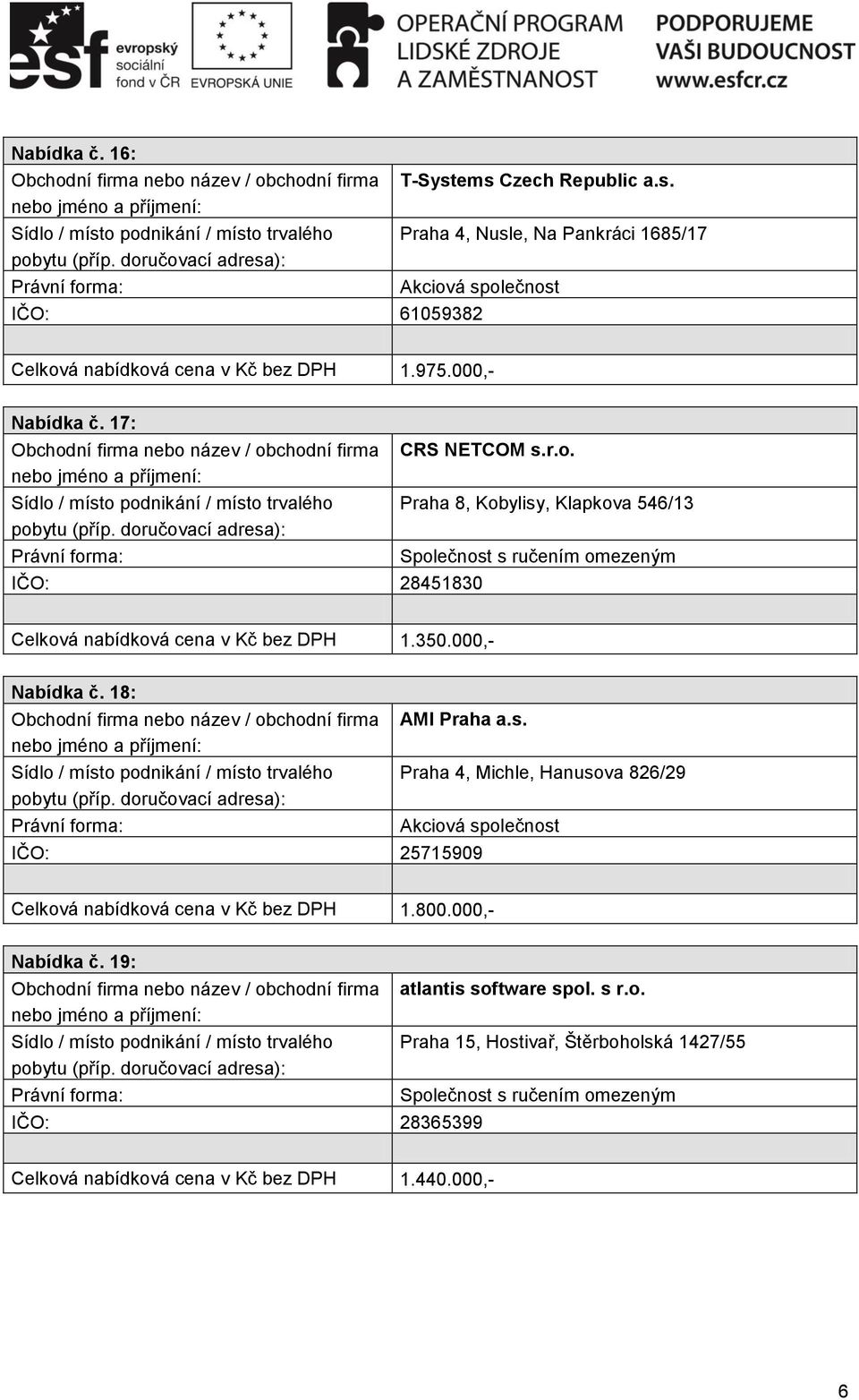 000,- Nabídka č. 18: AMI Praha a.s. Praha 4, Michle, Hanusova 826/29 Akciová společnost IČO: 25715909 Celková nabídková cena v Kč bez DPH 1.800.