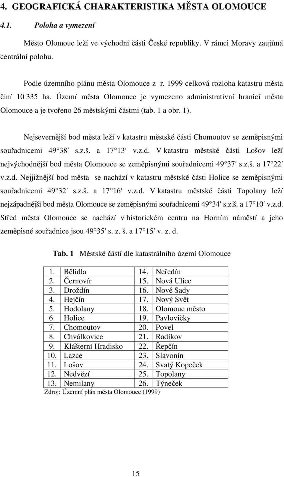 Území města Olomouce je vymezeno administrativní hranicí města Olomouce a je tvořeno 26 městskými částmi (tab. 1 a obr. 1).