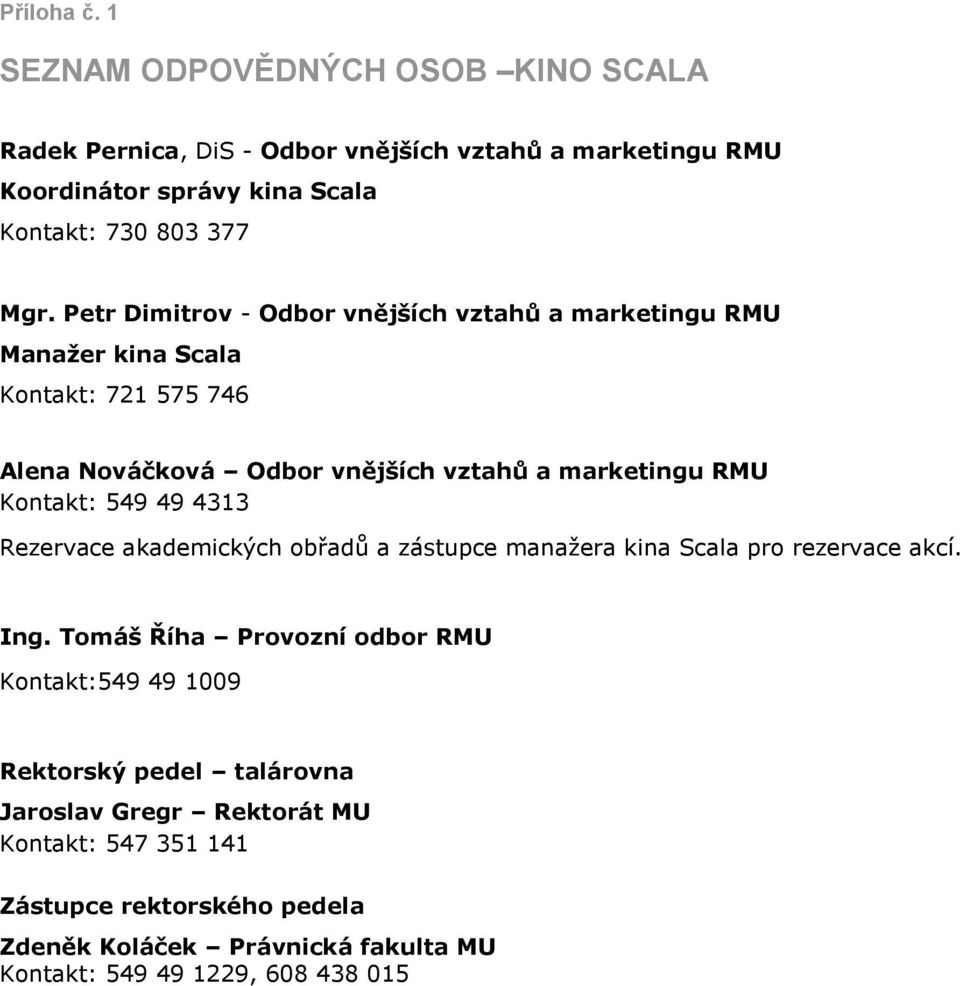 Petr Dimitrov - Odbor vnějších vztahů a marketingu RMU Manažer kina Scala Kontakt: 721 575 746 Alena Nováčková Odbor vnějších vztahů a marketingu RMU Kontakt: