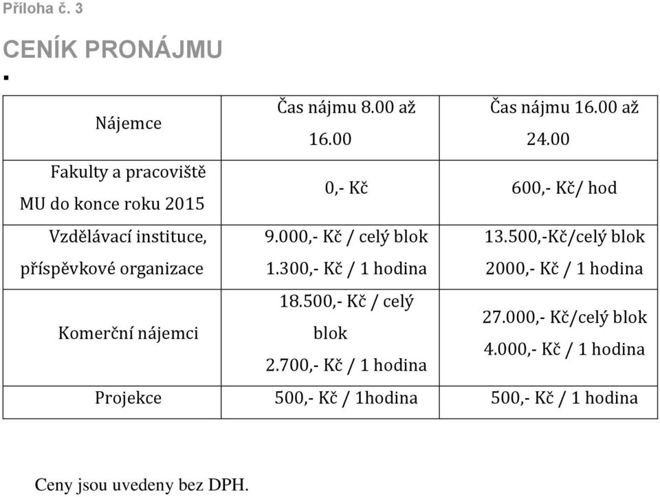 000,- Kč / celý blok 1.300,- Kč / 1 hodina 13.500,-Kč/celý blok 2000,- Kč / 1 hodina Komerční nájemci 18.