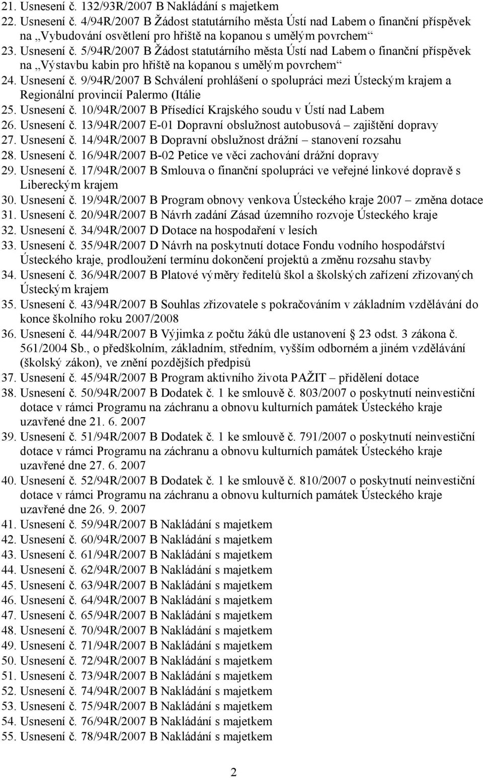 9/94R/2007 B Schválení prohlášení o spolupráci mezi Ústeckým krajem a Regionální provincií Palermo (Itálie 25. Usnesení č. 10/94R/2007 B Přísedící Krajského soudu v Ústí nad Labem 26. Usnesení č. 13/94R/2007 E-01 Dopravní obslužnost autobusová zajištění dopravy 27.