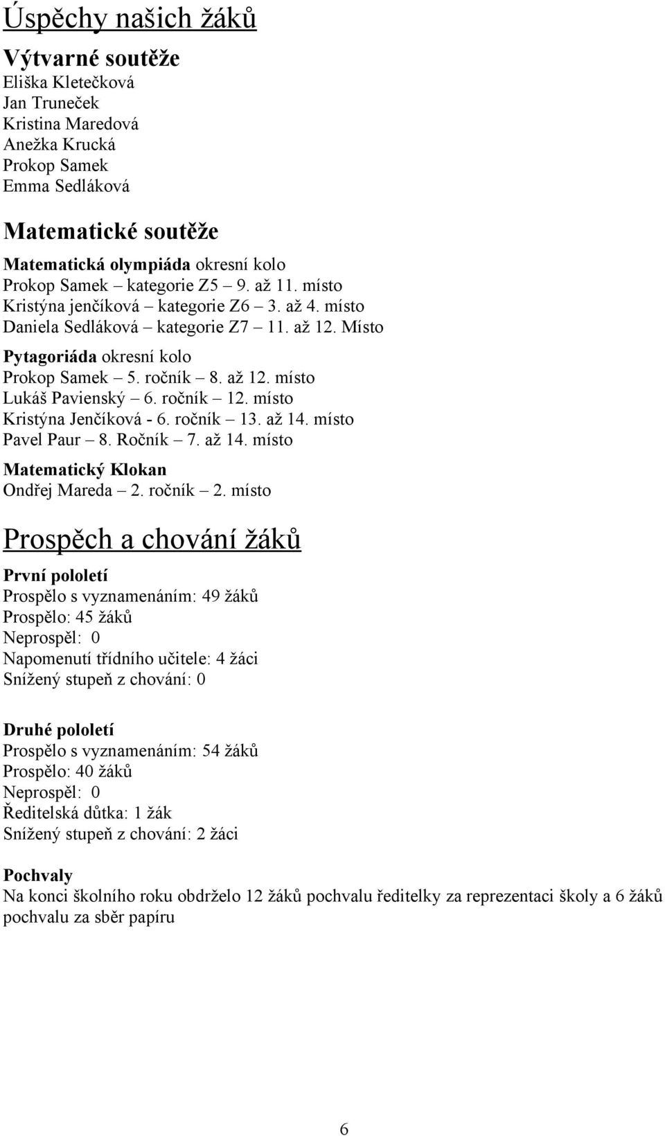 ročník 12. místo Kristýna Jenčíková - 6. ročník 13. až 14. místo Pavel Paur 8. Ročník 7. až 14. místo Matematický Klokan Ondřej Mareda 2. ročník 2.