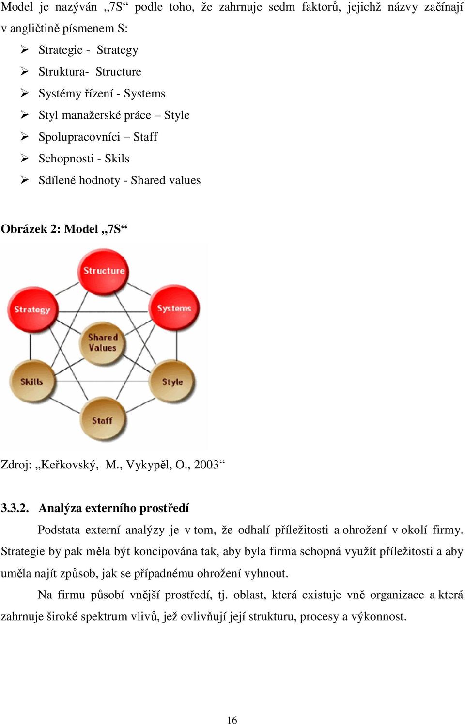 Model 7S Zdroj: Keřkovský, M., Vykypěl, O., 2003 3.3.2. Analýza externího prostředí Podstata externí analýzy je v tom, že odhalí příležitosti a ohrožení v okolí firmy.