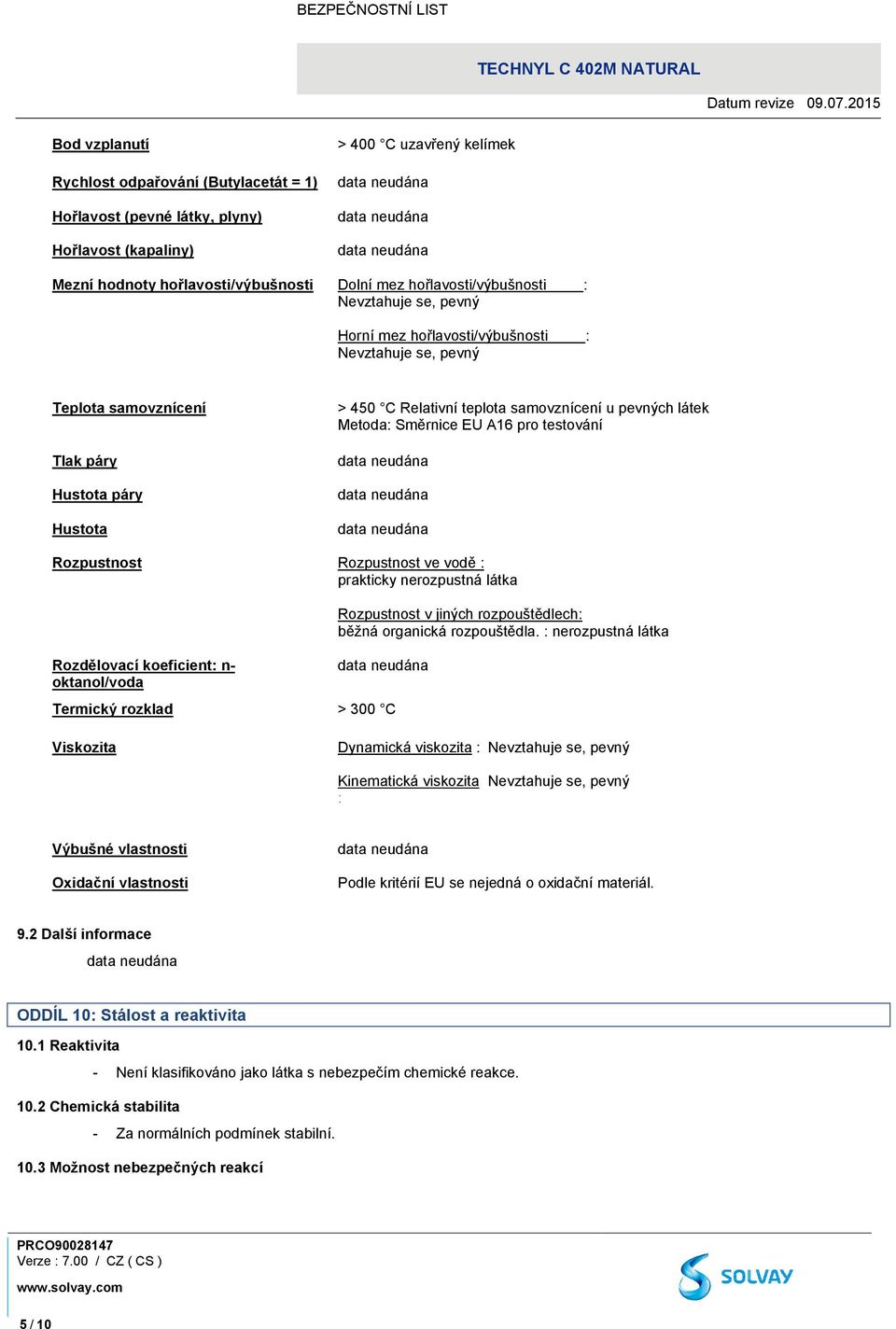 EU A16 pro testování Rozpustnost Rozpustnost ve vodě : prakticky nerozpustná látka Rozdělovací koeficient: n- oktanol/voda Rozpustnost v jiných rozpouštědlech: běžná organická rozpouštědla.