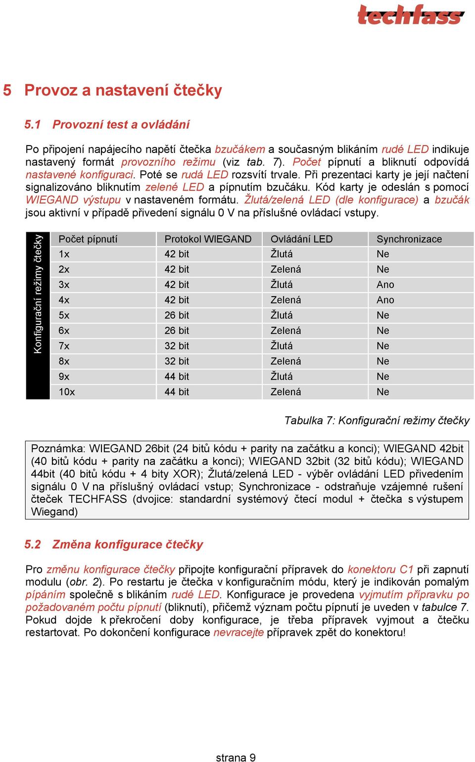 Kód karty je odeslán s pomocí WIEGAND výstupu v nastaveném formátu. Žlutá/zelená LED (dle konfigurace) a bzučák jsou aktivní v případě přivedení signálu 0 V na příslušné ovládací vstupy.