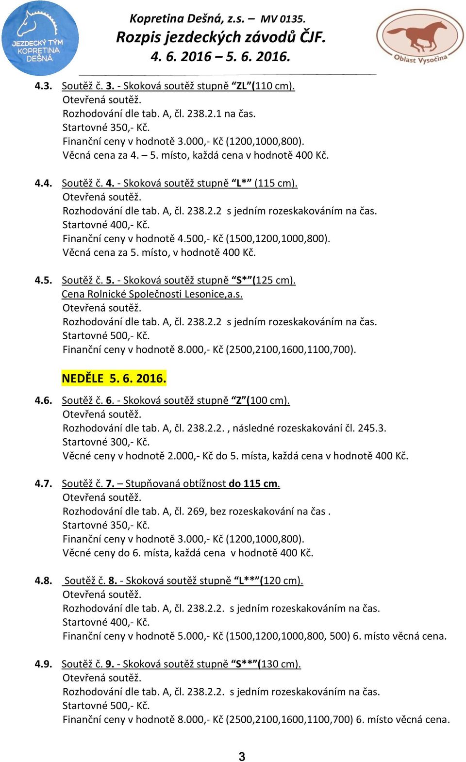 Finanční ceny v hodnotě 4.500,- Kč (1500,1200,1000,800). Věcná cena za 5. místo, v hodnotě 400 Kč. 4.5. Soutěž č. 5. - Skoková soutěž stupně S* (125 cm). Cena Rolnické Společnosti Lesonice,a.s. Rozhodování dle tab.