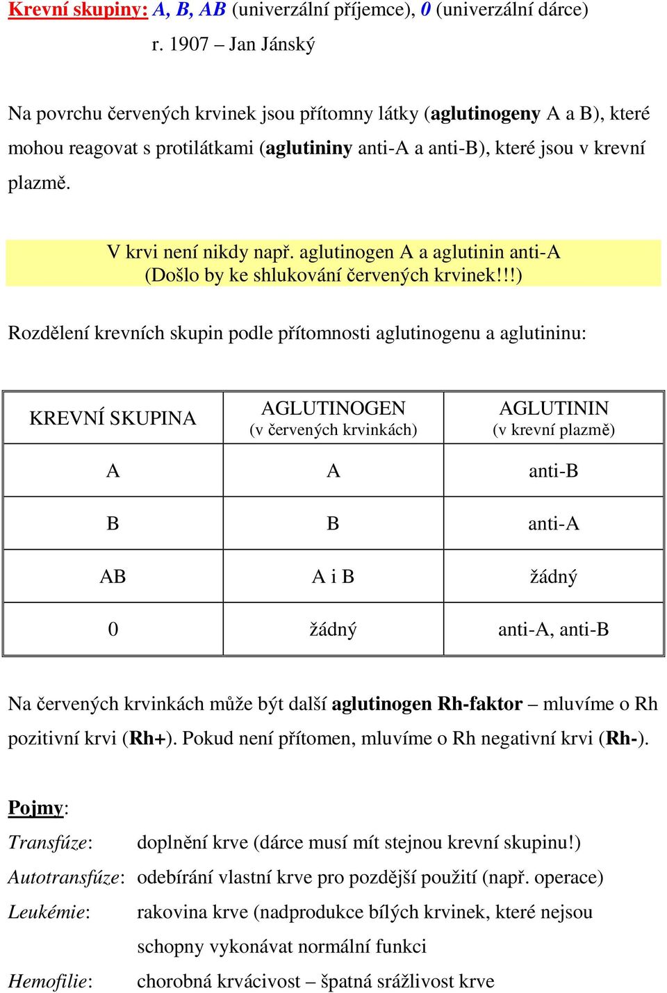 V krvi není nikdy např. aglutinogen A a aglutinin anti-a (Došlo by ke shlukování červených krvinek!