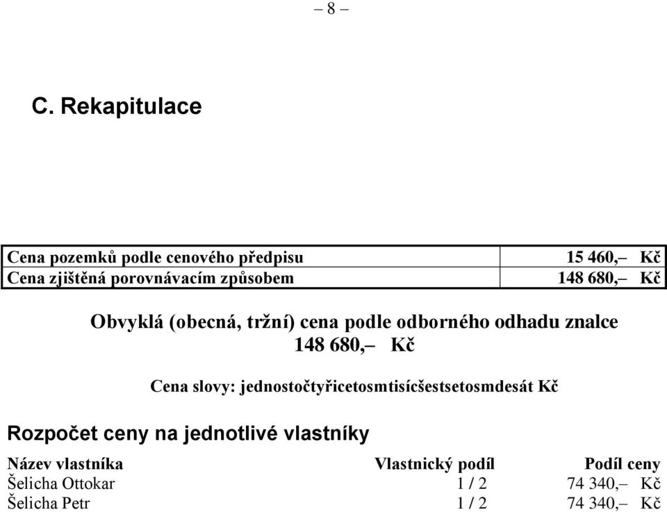 slovy: jednostočtyřicetosmtisícšestsetosmdesát Kč Rozpočet ceny na jednotlivé vlastníky Název