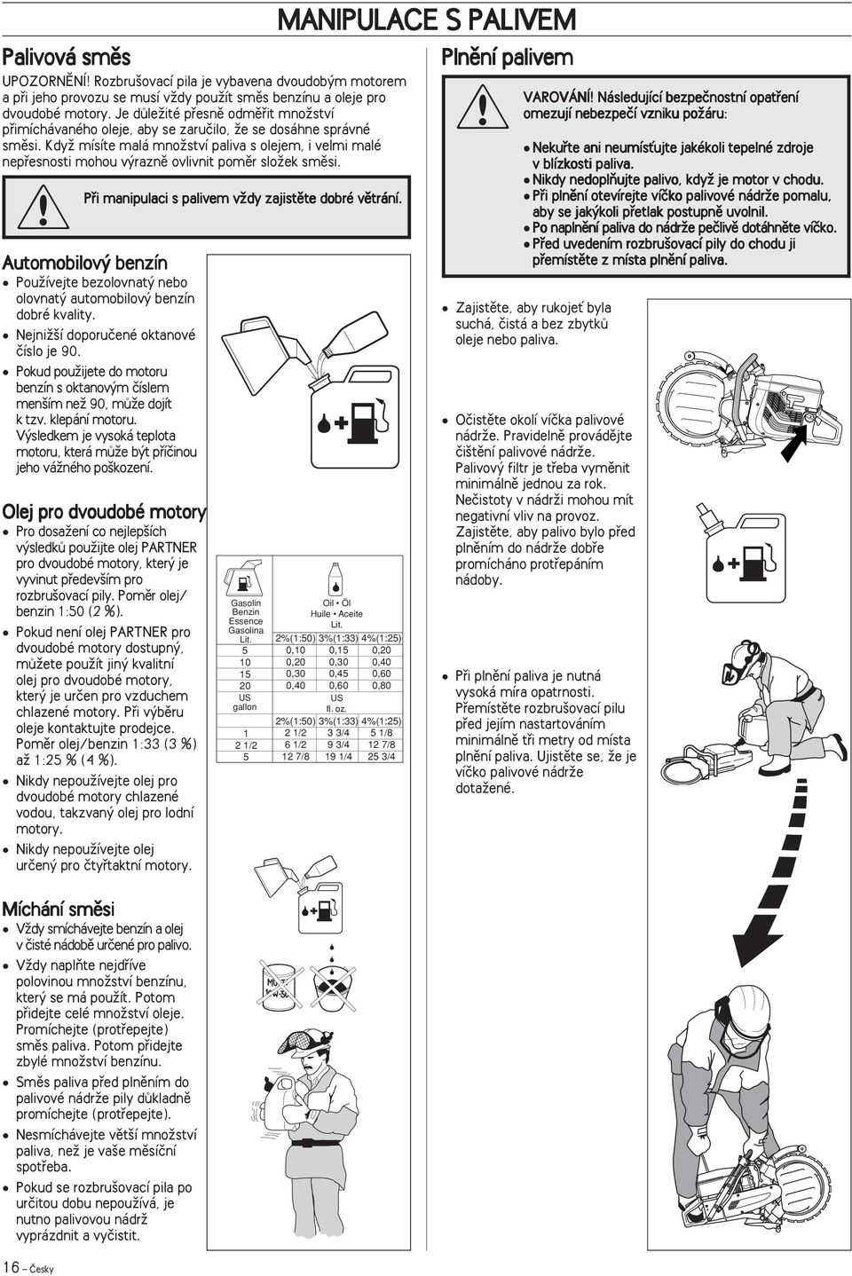 KdyÏ mísíte malá mnoïství paliva s olejem, i velmi malé nepfiesnosti mohou v raznû ovlivnit pomûr sloïek smûsi. Pfii manipulaci s palivem vïdy zajistûte dobré vûtrání.
