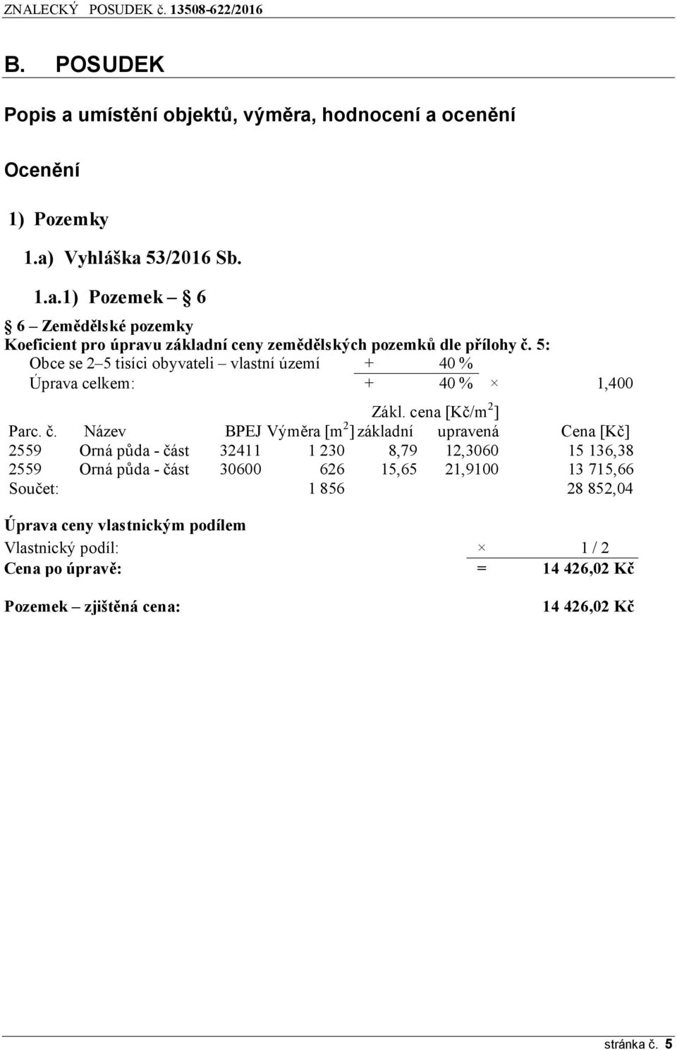 Název BPEJ Výměra [m 2 ] základní upravená Cena [Kč] 2559 Orná půda - část 32411 1 230 8,79 12,3060 15 136,38 2559 Orná půda - část 30600 626 15,65 21,9100 13